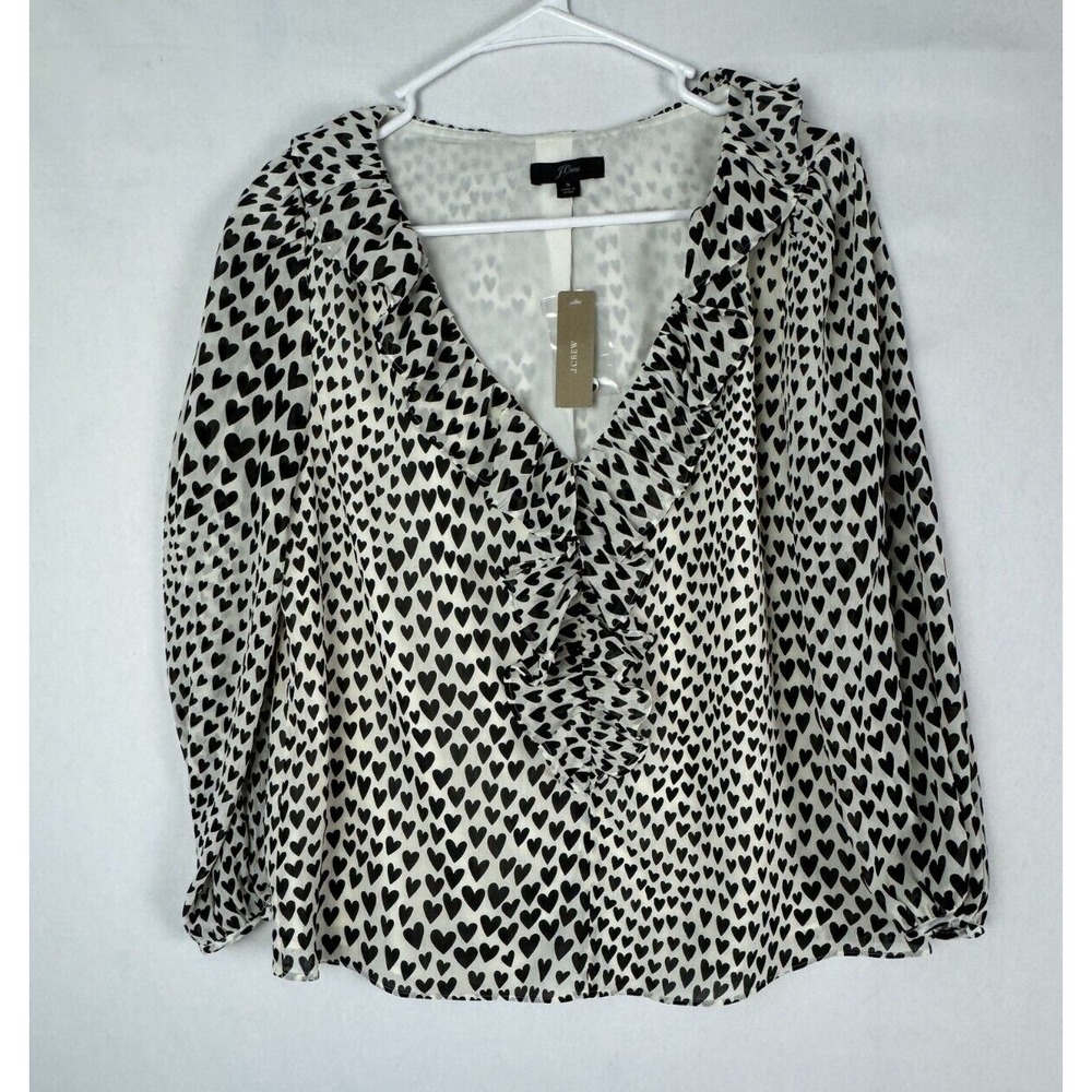 NWT J Crew Blouse Womens S Black White V Neck Ruffle Heart Print